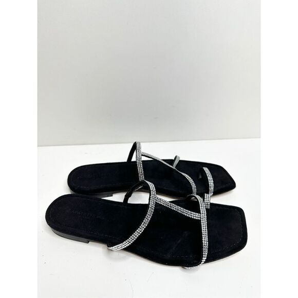 Lafayette 148 New York Sandals Size 7.5US Black Leather Rhinestone Slip‎ On Shoe - Picture 7 of 10